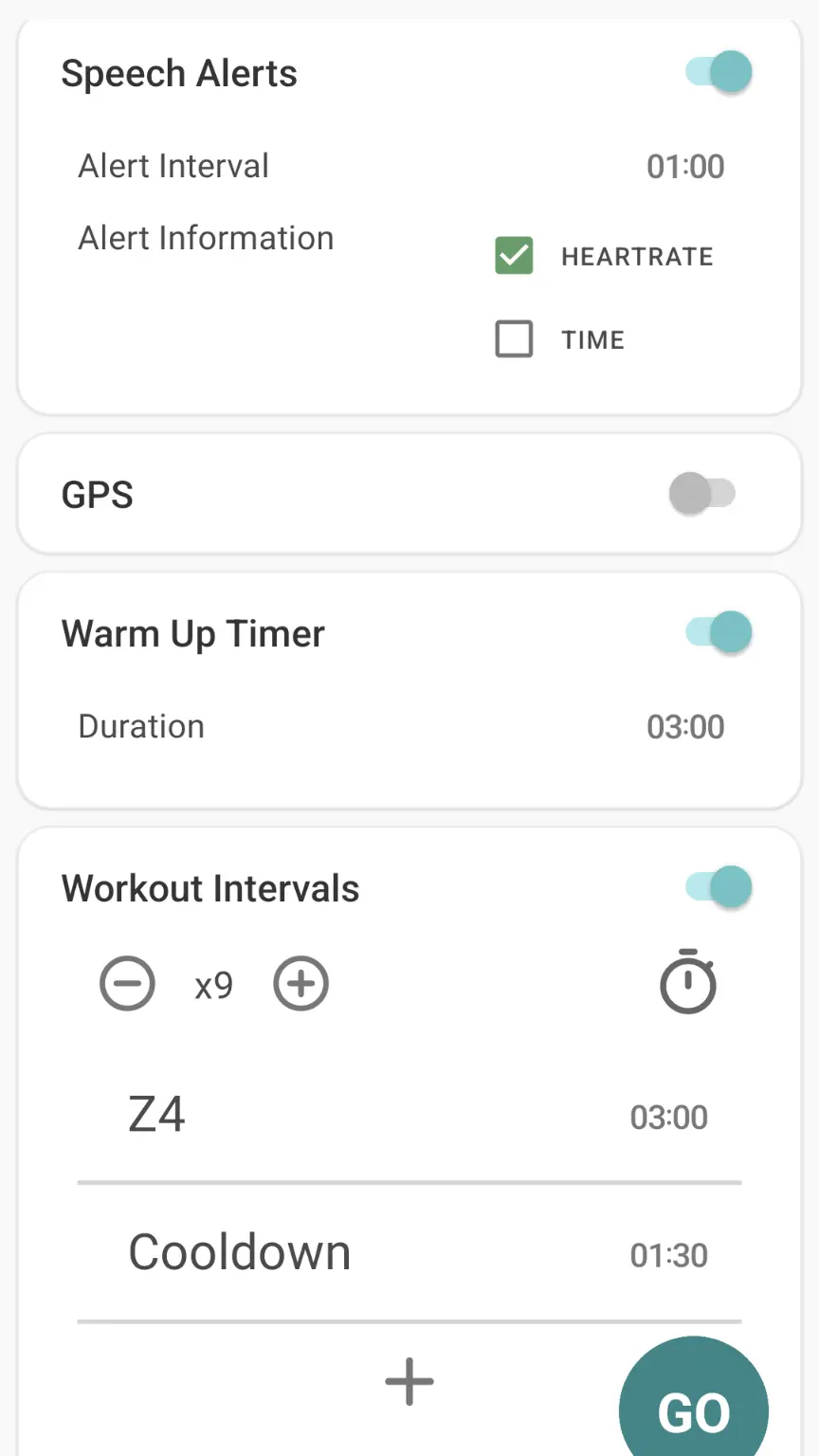 Screenshot of workout settings page in Topfit.